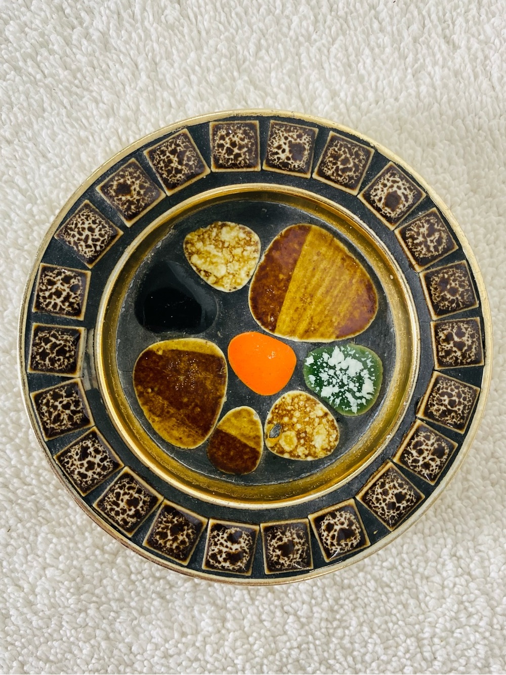 Vintage MCM Greek Byzantine Mosaic Solid Brass Trinket Dish Enamel Catchall